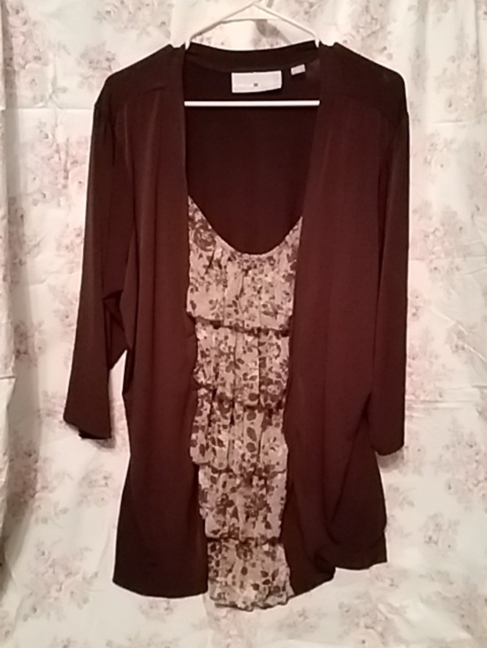 Brown Open Cardigan with Floral Ruffle Shell